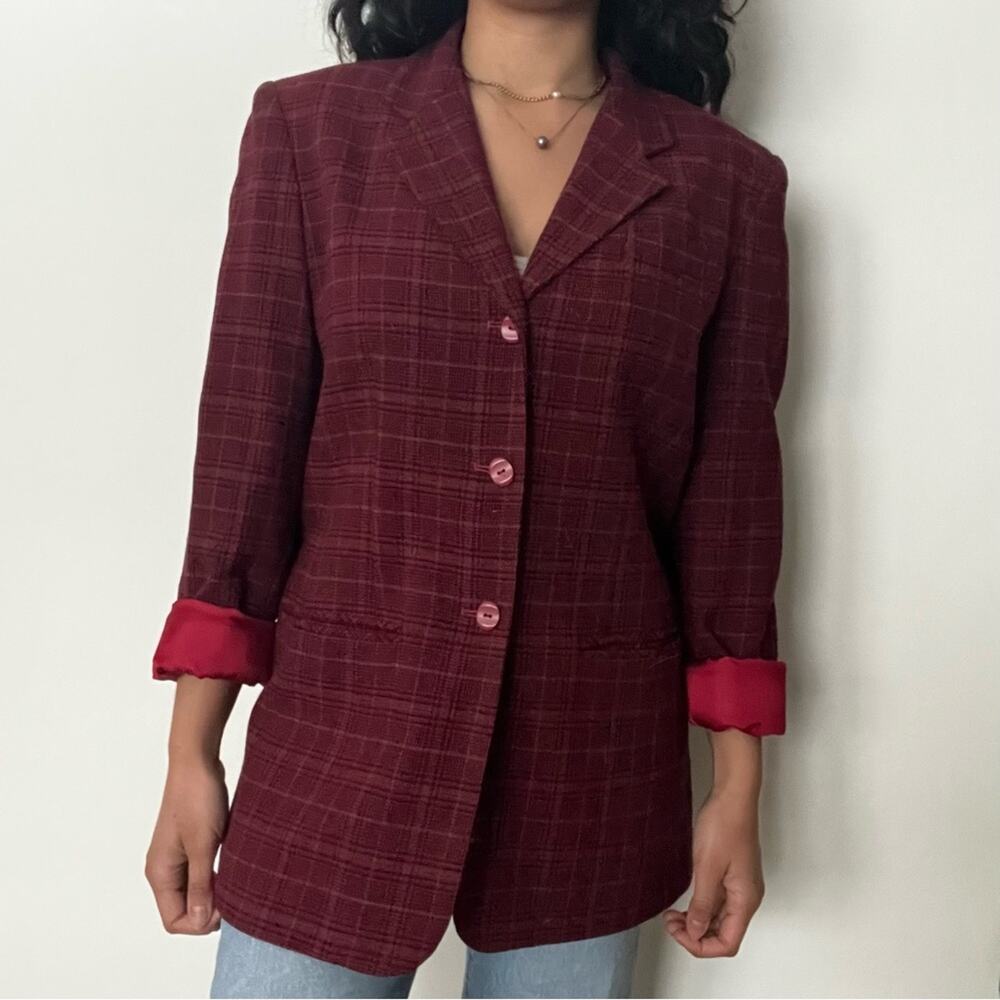 Land's End Vintage Red Plaid Blazer Sz 10 Burgundy Red Wool Funky